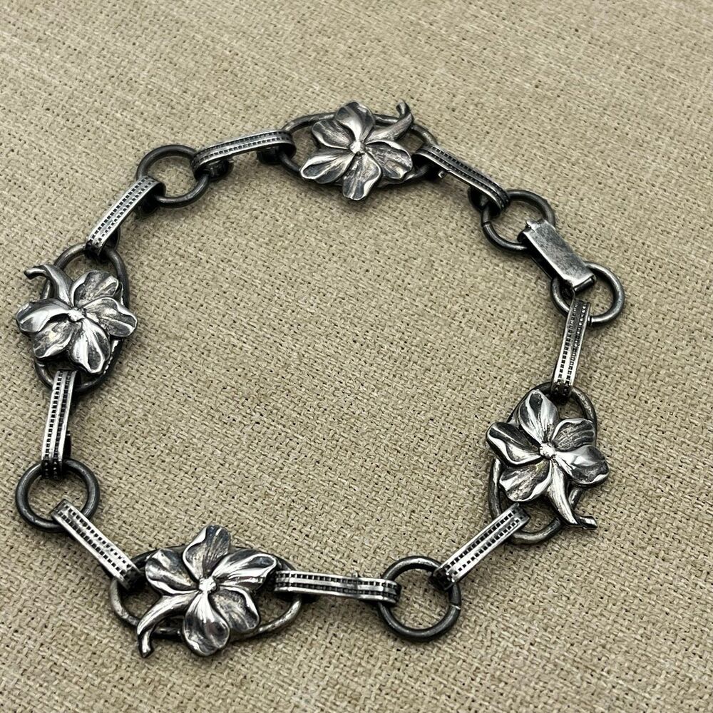 Vintage 1940s art deco Sterling silver plumeria chain link Bracelet - Picture 5 of 10